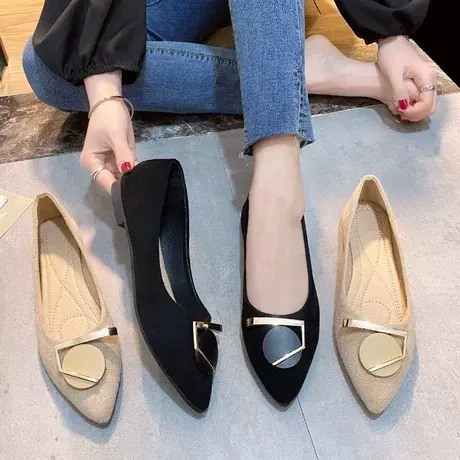 方跟黑色平底鞋女职业2023春季新款韩版百搭简约金属扣浅口单鞋女商品大图