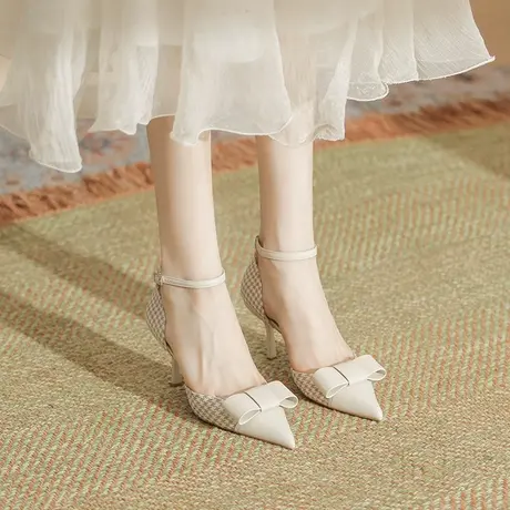 法式千鸟格高跟鞋女2023年夏季新款性感百搭一字扣带中空细跟凉鞋商品大图