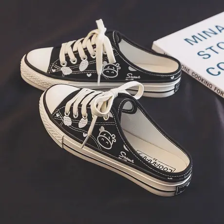 无后跟半拖帆布鞋女2023新款春夏季韩版百搭透气板鞋一脚蹬懒人鞋商品大图