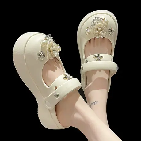 玛丽珍洞洞鞋女夏季2023新款时尚水钻厚底增高防滑外穿包头凉拖鞋商品大图