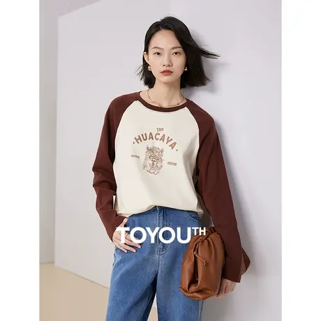 TOYOUTH初语美式插肩袖印花长袖T恤女2023秋季新款圆领百搭打底衫图片