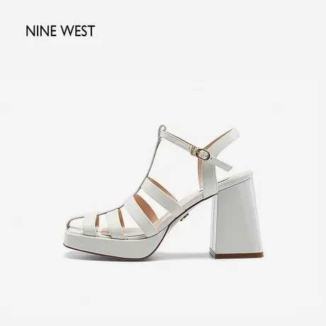 Nine West/玖熙罗马凉鞋女夏新款防水台镂空粗高跟鞋明星同款白色图片