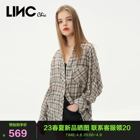 LINC金羽杰夏新款轻透宽松落肩造型感格纹衬衫防晒衫女S232SH272Y商品大图