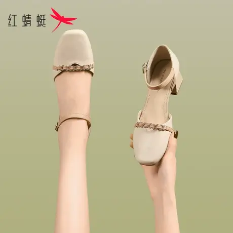 红蜻蜓女鞋2023年新款夏季粗跟单鞋法式小跟凉鞋一字带百搭配裙子商品大图