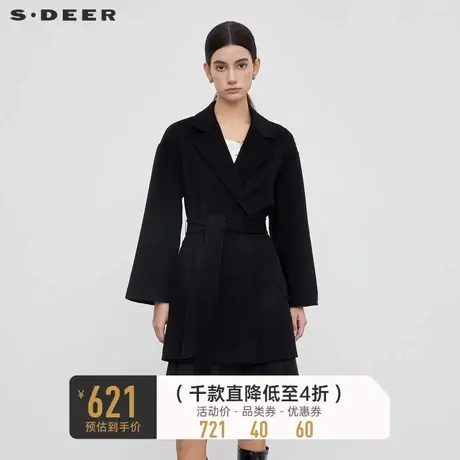 sdeer圣迪奥女装休闲西装领收腰短款毛呢大衣S23462601🐧图片