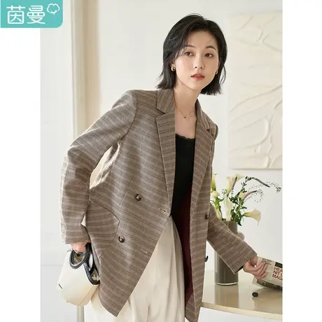 茵曼西装外套女春装2023新款通勤经典双排扣贴袋设计利落轻薄肩垫图片