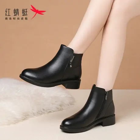 红蜻蜓冬季女鞋靴子女短靴秋冬真皮加绒保暖妈妈皮靴棉鞋加厚女靴图片