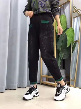 牛仔哈伦裤宽松显瘦2023春秋新款大码文艺贴布萝卜裤九分老爹裤潮商品大图