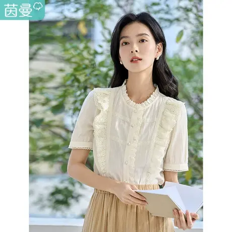 茵曼2023夏女装新款法式优雅拼接荷叶边圆领纯棉泡泡袖衬衫衬衣图片