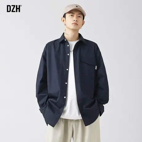 男士藏青色衬衫男长袖潮牌秋季男装2023新款工装衬衣外套百搭寸衫商品大图