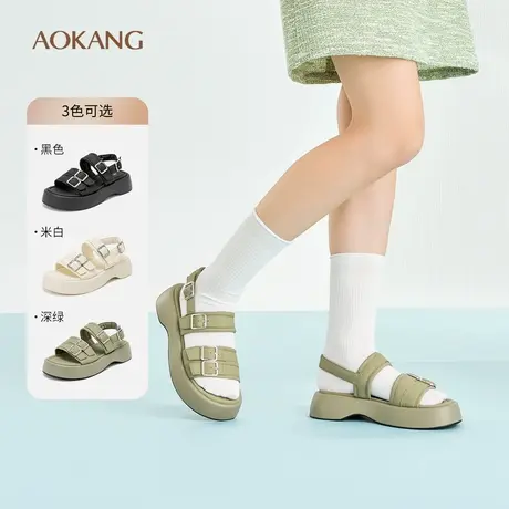 奥康女鞋 夏季新款松糕厚底双排扣时尚罗马鞋百搭设计感时装凉鞋图片