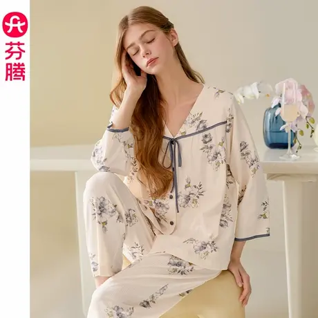 芬腾睡衣女春季纯棉V领开衫中袖新款休闲大码夏天女款家居服套装商品大图