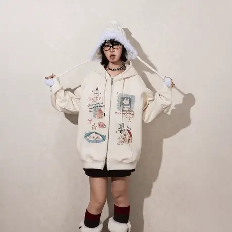 YEP复古印花连帽卫衣女春秋2025年新款美式潮牌帽衫宽松开衫外套图片