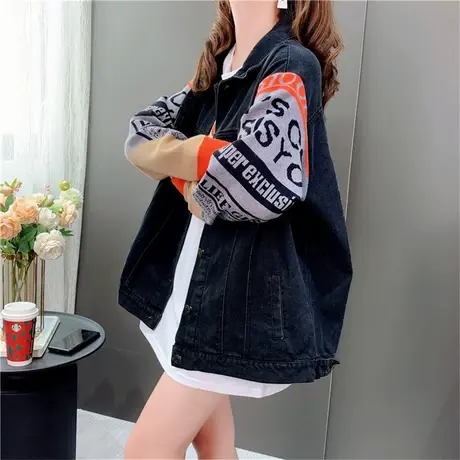 针织袖拼接牛仔外套女秋季2022年新款宽松网红超火ins潮百搭上衣商品大图