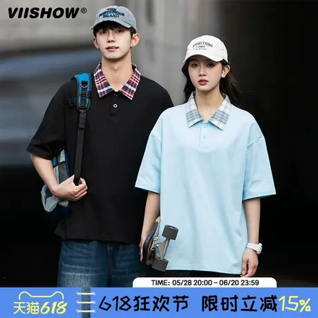 VIISHOW运动休闲格子翻领POLO衫男短袖夏季美式宽松情侣T恤潮商品大图