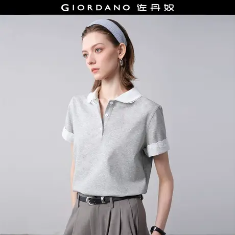 设计师款佐丹奴短袖Polo衫女夏新款拼接蕾丝娃娃领上衣女18315504图片