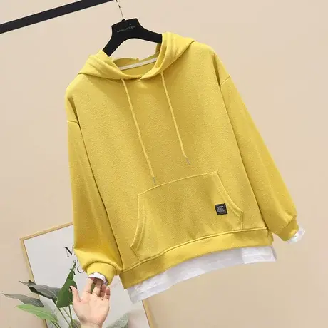 连帽卫衣女装大码中长宽2023春秋季新款薄款上衣假两件白边外套潮图片