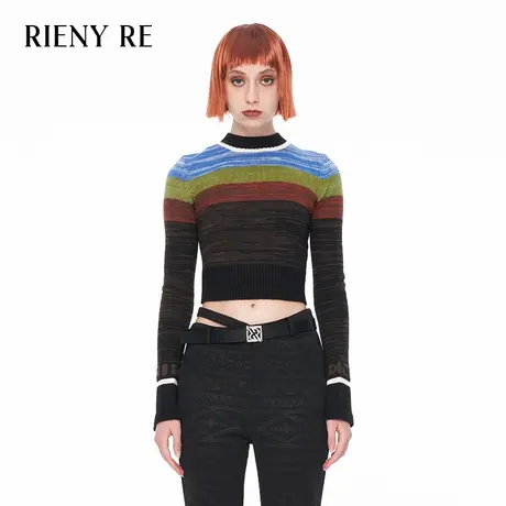 RIENYRE针织衫女2023秋季新款美式高级感条纹修身短款打底小上衣商品大图