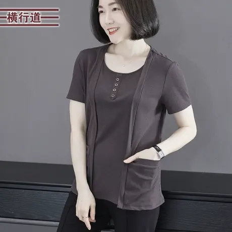 2023新款夏装简约圆领拼接纯色假两件中长款短袖T恤外穿大码上衣商品大图