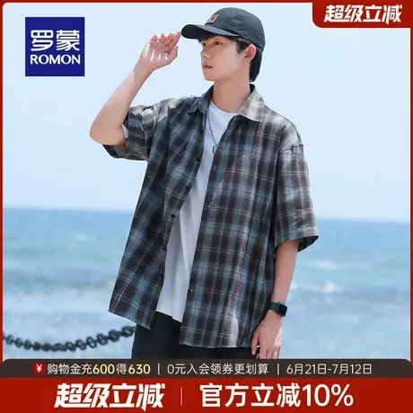 罗蒙男士时尚休闲短袖衬衫2025夏季薄款宽松透气复古风格子衬衣男商品大图