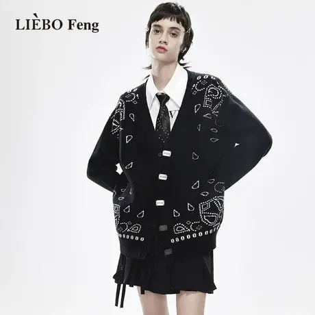 裂帛LIEBOFeng设计师品牌V领高街潮流宽松慵懒风藏肉黑色针织开衫商品大图