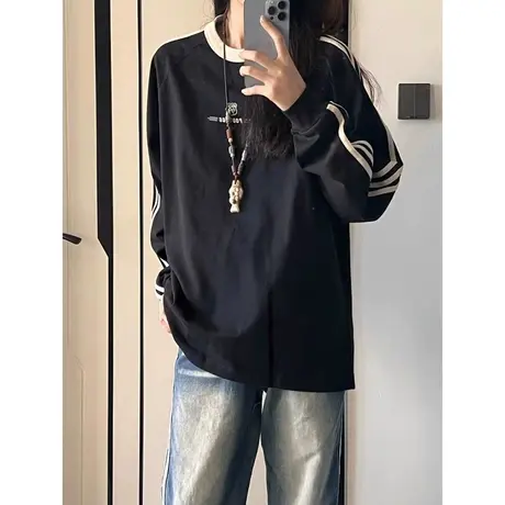 美式复古长袖卫衣女秋冬2023爆款慵懒风条纹三杠宽松高级感上衣服商品大图