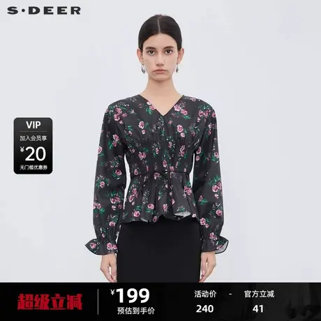 sdeer圣迪奥女装V领风琴褶碎花收腰长袖衬衫S233Z0575图片
