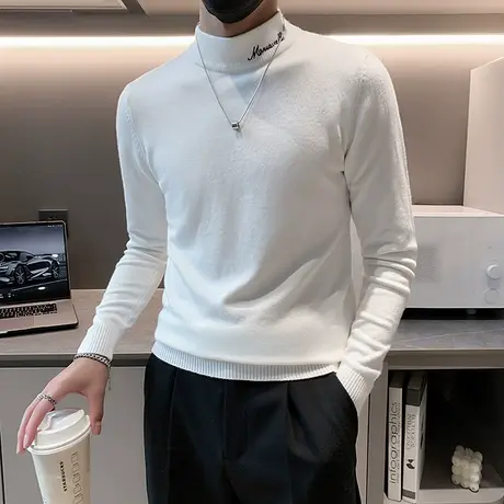 秋冬季半高领针织打底衫男纯色简约高级感ins潮牌修身刺绣毛衣T恤商品大图