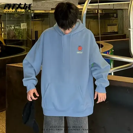 趣味可爱小苹果胸标印花连帽卫衣男秋季新款慵懒正肩百搭青年外套商品大图