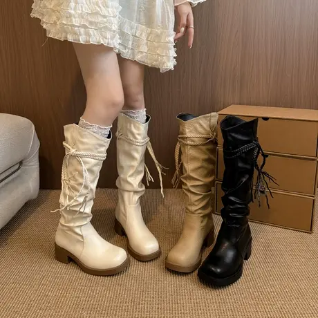 流苏粗跟靴子女长筒靴2025新款秋季复古高跟堆堆靴显瘦高筒骑士靴商品大图
