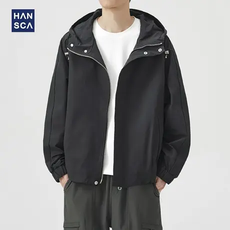 hansca黑色高密防风连帽夹克男2025新款秋季宽松休闲外套男装上衣商品大图