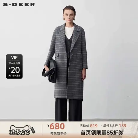 sdeer圣迪奥女装西装领条纹收腰长款双面呢大衣S23482518商品大图