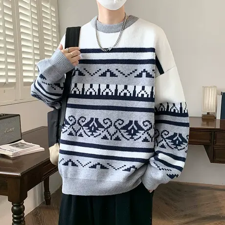 2025秋季新款男士潮牌提花条纹青少年学生长袖针织衫休闲潮流帅气商品大图