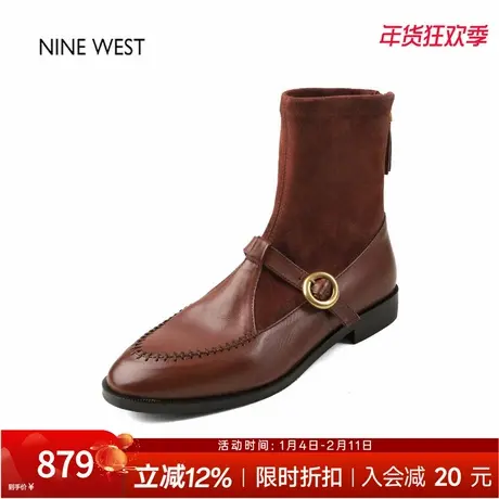 奥莱专供Nine West/玖熙法式粗跟弹力袜靴冬复古牛皮玛丽珍短靴女商品大图