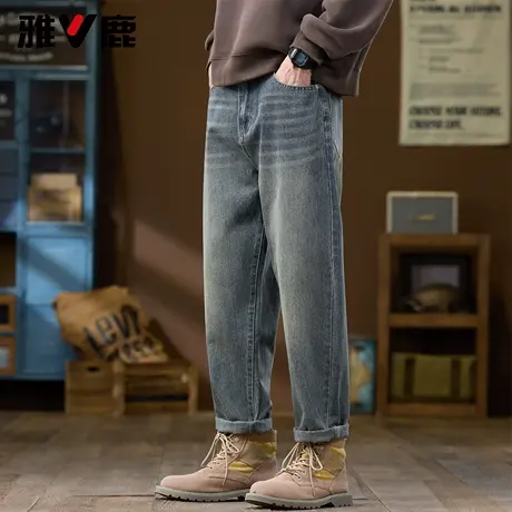 雅鹿垂感宽松牛仔裤男 2026春款高街美式潮男百搭时尚磨白牛仔裤图片