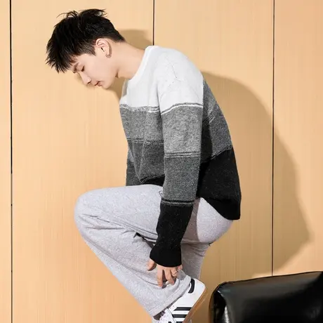 唐狮秋冬季新款男士毛衣圆领撞色渐变拼接复古潮流青少年上衣潮TE商品大图