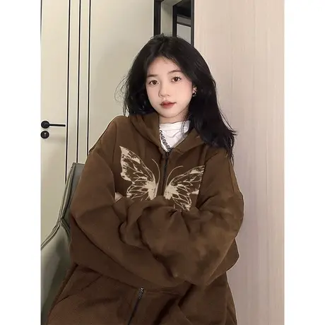 美拉德咖色外套女秋冬oversize大码宽松加绒卫衣女ins潮开衫上衣商品大图