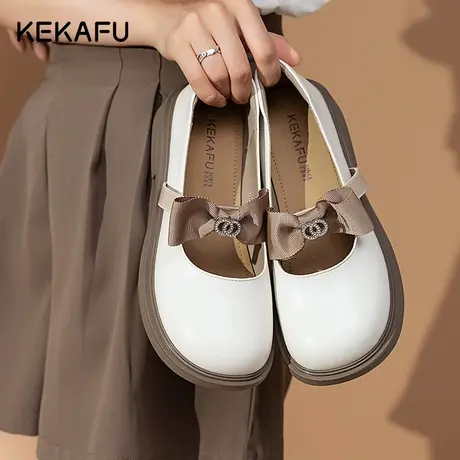 珂卡芙法式玛丽珍女鞋2023新款秋季浅口复古单鞋女白色百搭小皮鞋商品大图