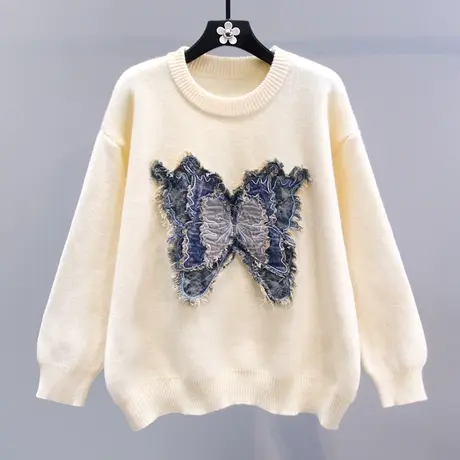 牛仔蝴蝶刺绣慵懒风毛衣女秋冬2023新款宽松设计感外穿针织衫上衣商品大图