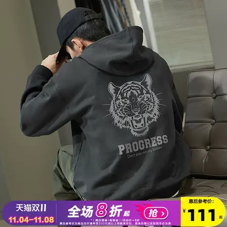 唐狮2022秋冬季新款男连帽卫衣美式潮牌男士卫衣后背虎头图案灰色图片
