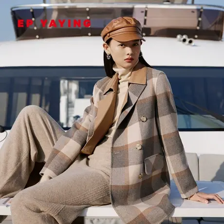 EP YAYING雅莹女装 绵羊毛格子西装毛呢大衣 商场同款8208C图片