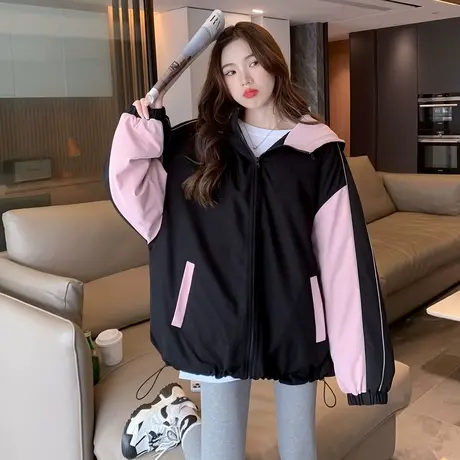 唐狮棉服女冬季新款连帽拼接棉衣棉袄宽松学院风外套小众流行百搭图片