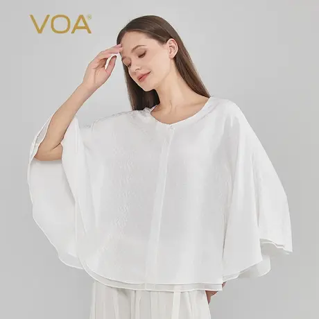 VOA真丝提花22姆米荔枝白圆领钉珠装饰蝙蝠袖O型版宽松百搭T恤衫图片