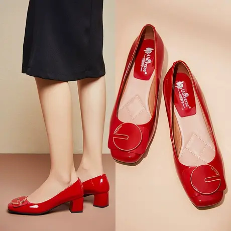 漆皮浅口粗跟妈妈鞋正红色婚礼方头超软皮透气圆头中跟单鞋清仓商品大图