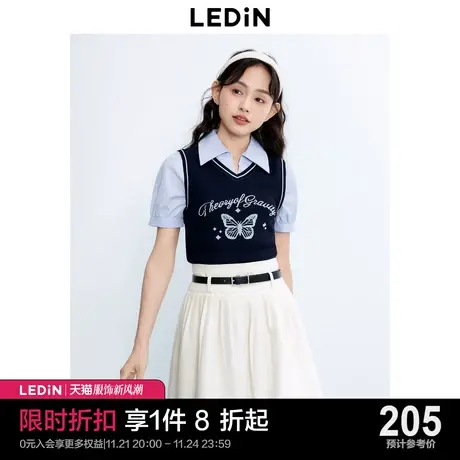 乐町新品假两件拼接短款上衣2023秋季新款女装复古学院风短袖衬衫商品大图
