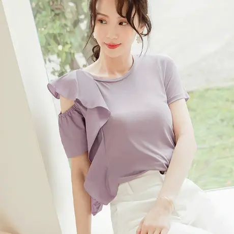 桔熊夏季甜辣设计感凉爽莫代尔t恤荷叶袖露单肩上衣女大码AB16894图片