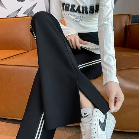 撞色条纹微喇裤女春秋季新款高腰显瘦修身弹力休闲运动喇叭长裤子商品大图