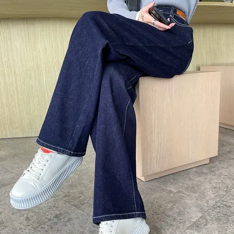 深蓝色牛仔裤女春秋新款直筒宽松原色裤子显瘦长裤高腰复古阔腿裤商品大图