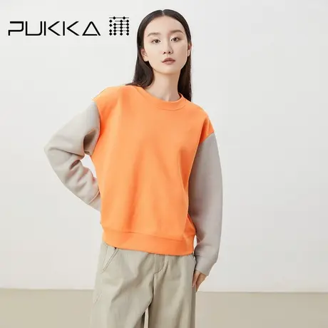 蒲PUKKA   经典撞色拼接圆领卫衣女打底衫显瘦宽松上衣图片