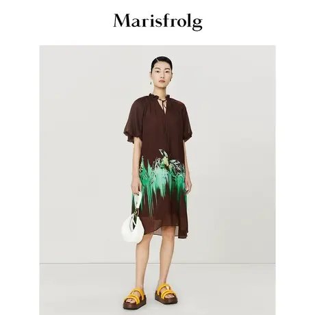 【6A级桑蚕丝】玛丝菲尔2023年夏季新款咖色泡泡袖真丝花稿连衣裙图片